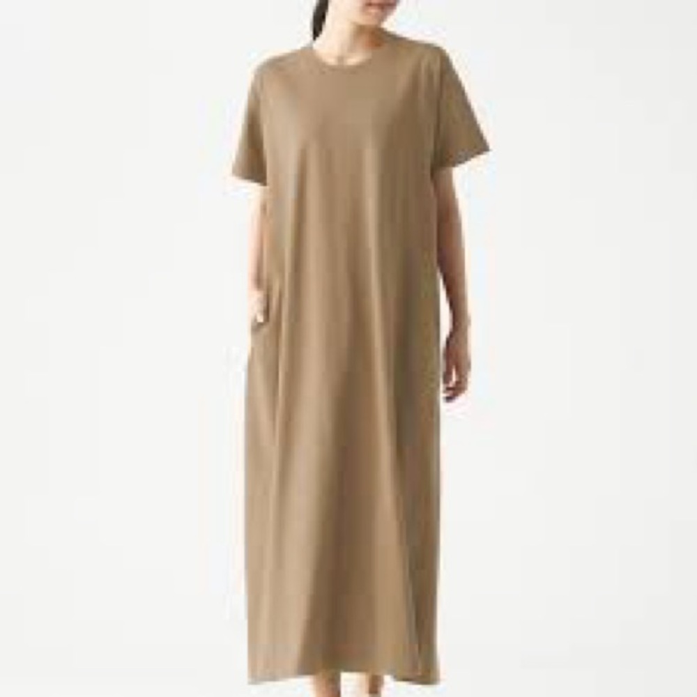 Muji CoarseJersey knit Flared Maxi Dress Tan